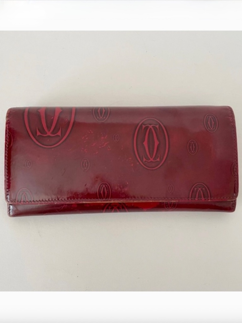 Cartier Happy Birthday Bordeaux Burgundy Red Patent Leather Bifold Wallet
